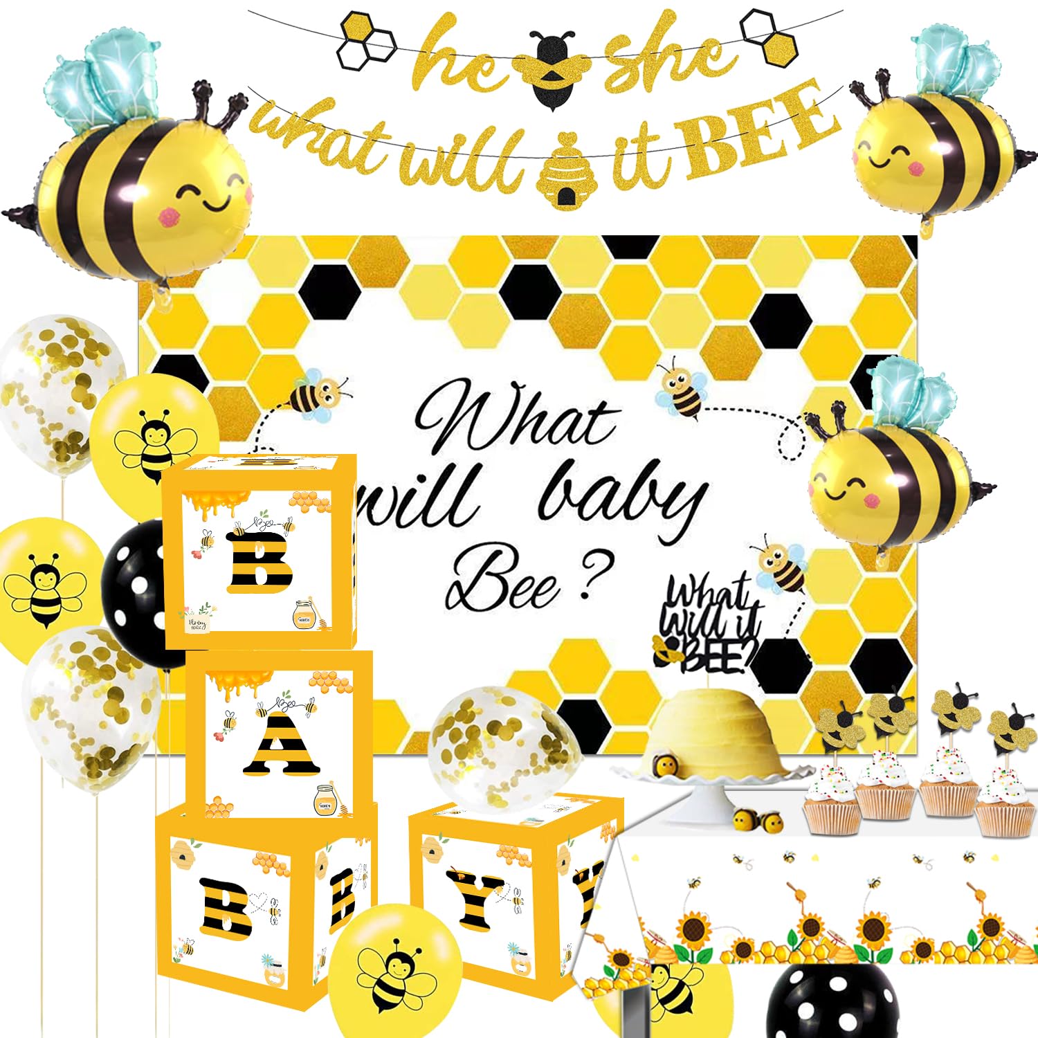 GREPARPY What Will It Bee Gender Reveal Party Decorations, Bumble Bee Baby Shower Supplies Include Banner, Tablecloth, Backdrop, Balloons, Boxes, Topper, Honey Bumble Bee Theme Party Decorations