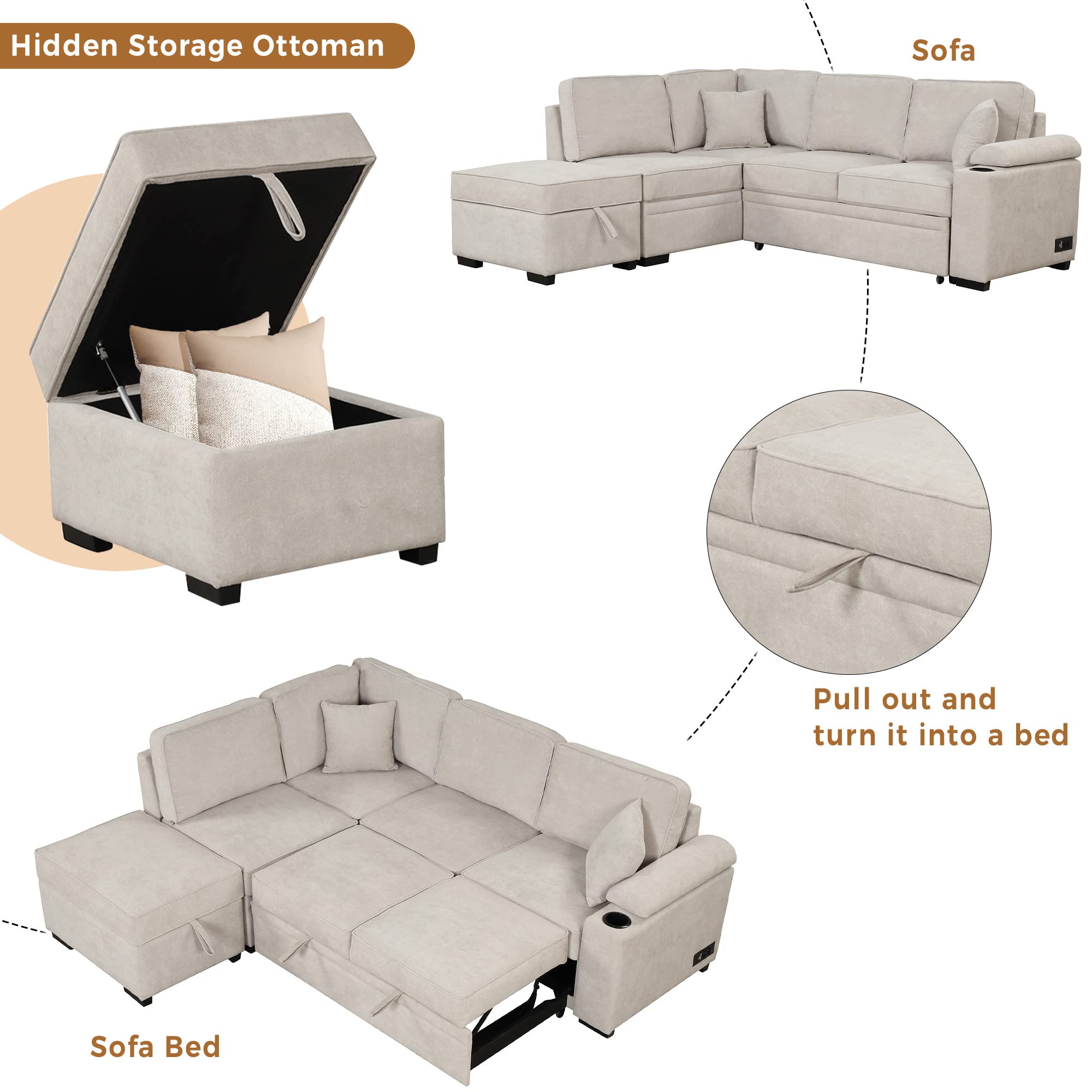 BSYEIO 87.4'' Sleeper Sectional Sofa for Living Room L- Shaped Sofa Couch with Storage Ottoman, Upholstered Corner Sofa, Pull Out Sofa Bed & USB Charger for Home Office Apartment -Beige