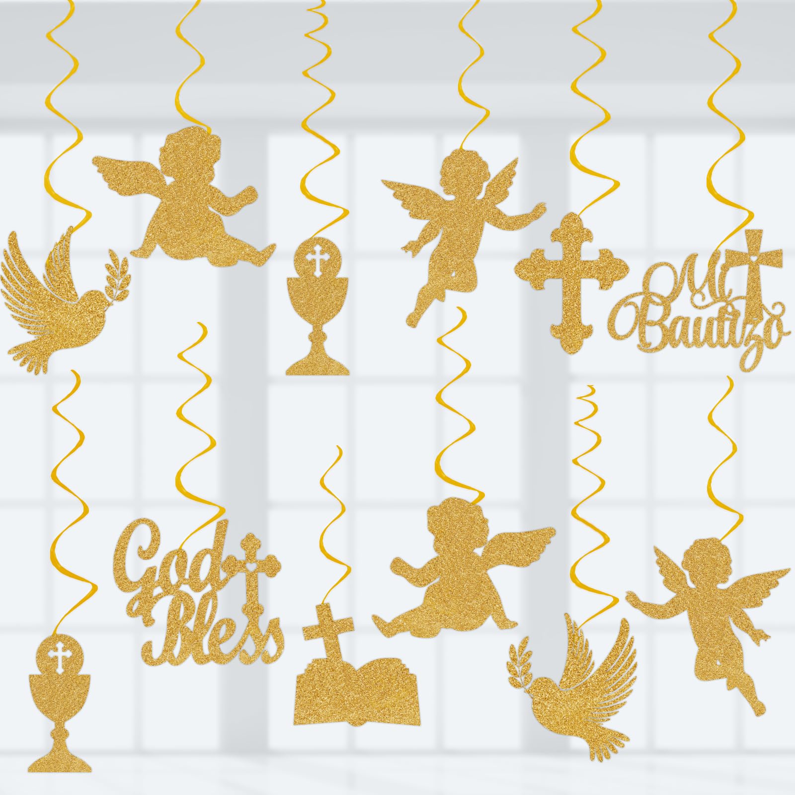 Mi Bautizo Party Decoration Baptism Decorations 24pcs Hanging Swirls Decoration God Bless Angel Gold Party Ceiling Decor Banner Supplies Baby Shower Birthday Party Decor, Assembled and Ready to Use