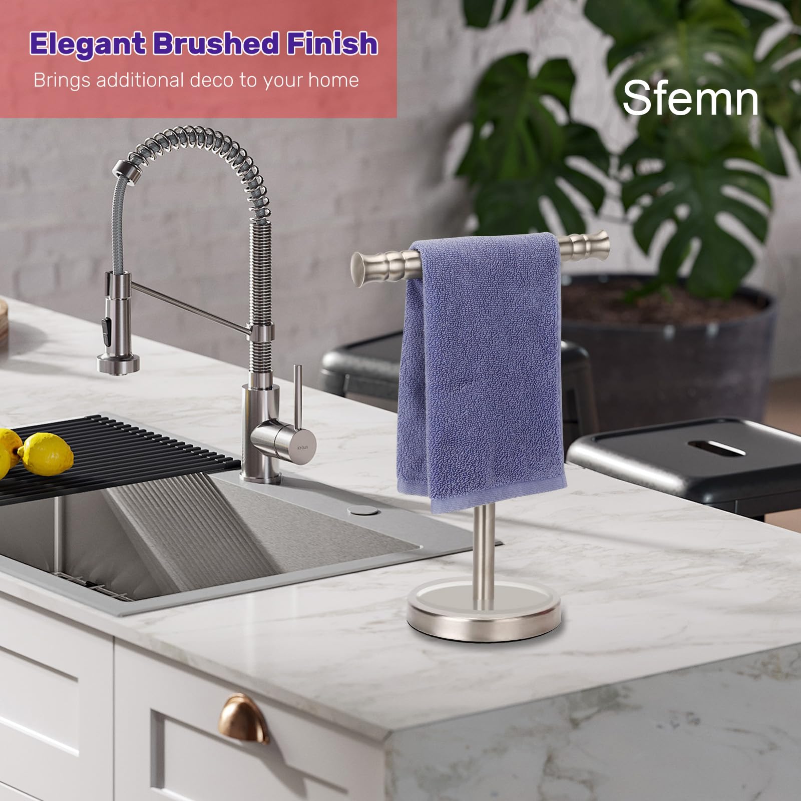 Sfemn Hand Towel Holder Stand for Bathroom Vanity Countertop SUS304 Stainless Steel T-Shape Free Standing Towel Rack Stand Towel Bar for Bathroom Kitchen (Brushed Nickel)