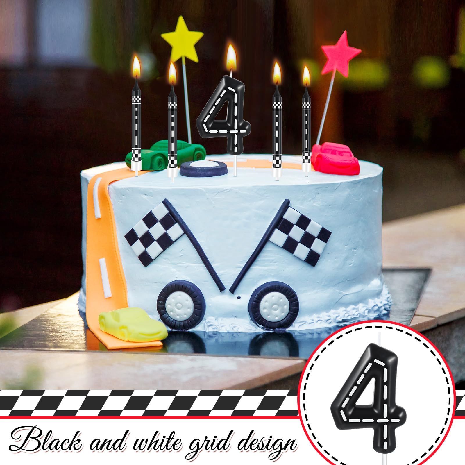 MTLEE 13 Pcs Racing Cars Themed Birthday Candles Black and White Checkered Candle 1 to 9 Number Candle Truck Candle Cake Topper for Racing Car Party Decoration Baby Shower Party Supplies(Number 4)