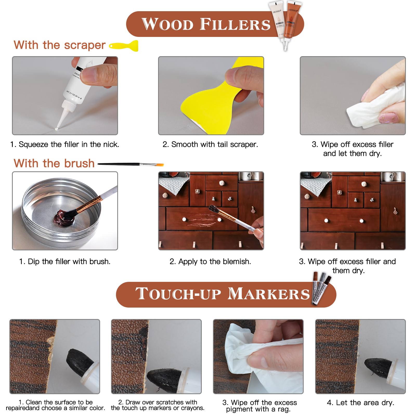 Wood Furniture Repair Kit- 40 Sets, Wood Fillers Hardwood Laminate Repair Kit with 18 Colors Oak Walnut, Wood Putty Touch Up Kit- Cover Wood Scratches, Stains, Holes for Table, Door, Veneer, Cherry