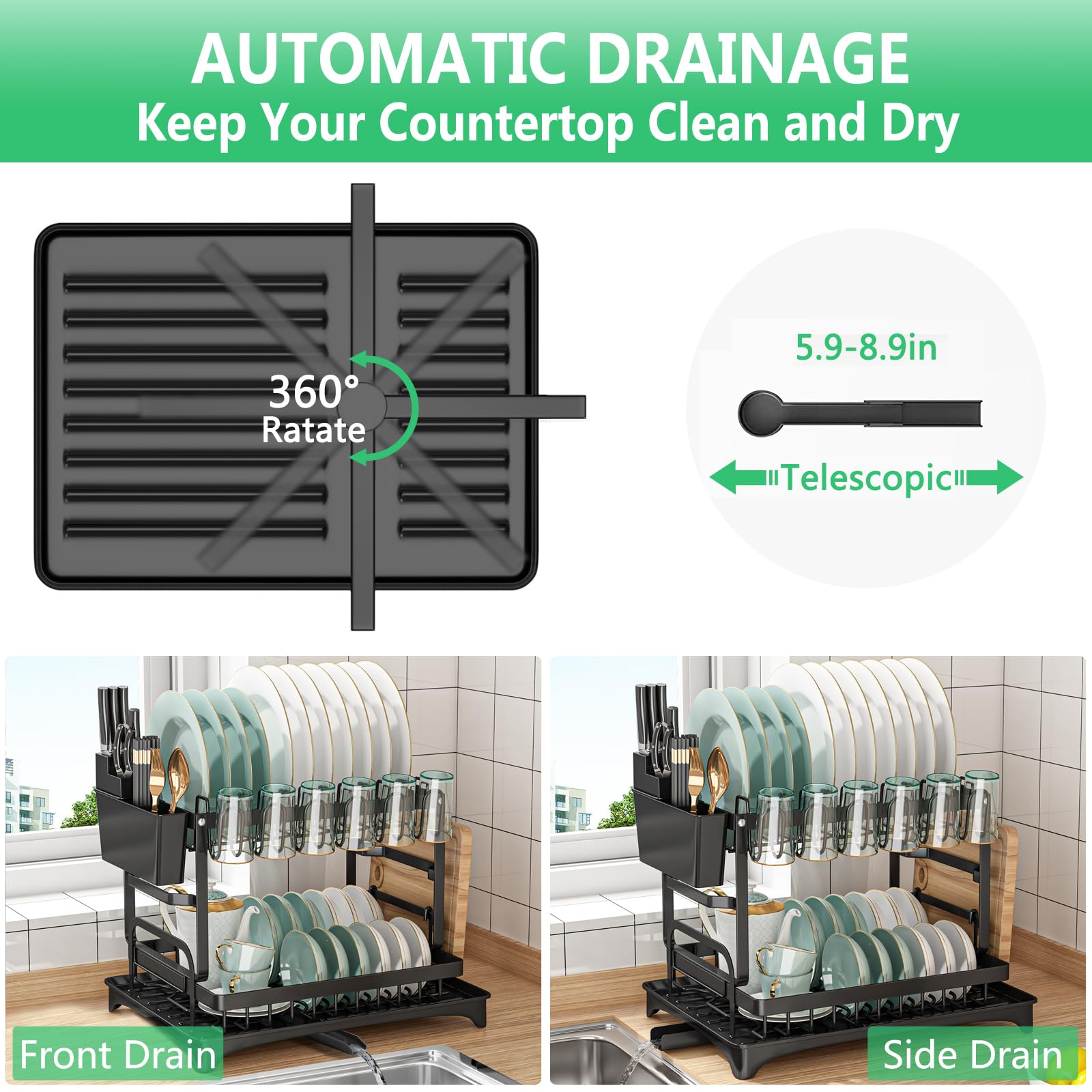 Dish Drying Rack, Multifunctional Dish Rack, Rustproof Kitchen Dish Drying Rack with Drainboard, Space-Saving 2-Tier Dish Drying Rack with Utensil Holder & Cup Holder for Kitchen Counter,Black