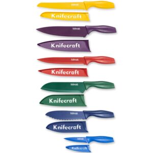 Knifecraft 12-Piece Color Coded Kitchen Knife Set, Non-Stick Ceramic Coated Stainless Steel with 6 Blade Guards, Dishwasher Safe, Perfect for Gifting