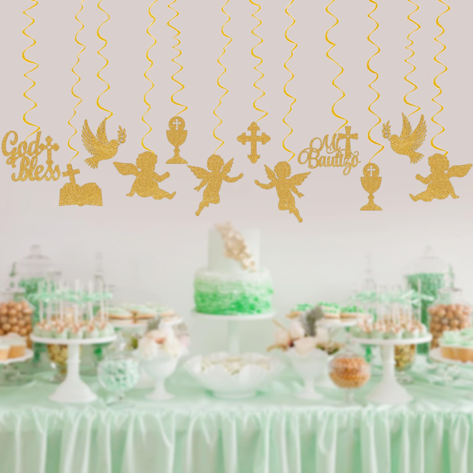 Mi Bautizo Party Decoration Baptism Decorations 24pcs Hanging Swirls Decoration God Bless Angel Gold Party Ceiling Decor Banner Supplies Baby Shower Birthday Party Decor, Assembled and Ready to Use