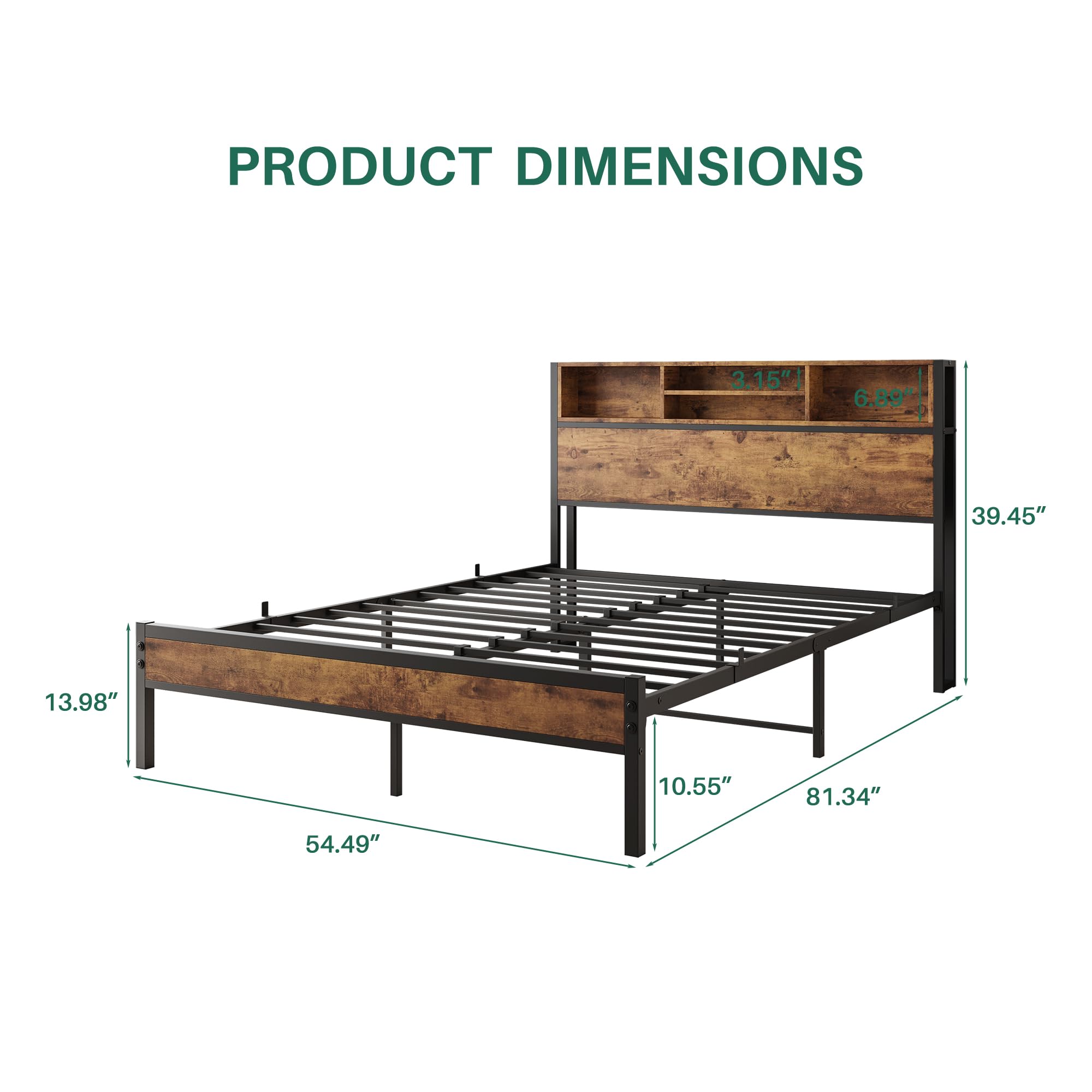 Crocofair Bed Frame Full Size with Bookcase Headboard/USB Charging Station,Metal Platform Bed, Mattress Foundation,No Box Spring Needed,Noise-Free,Black & Rustic Brown