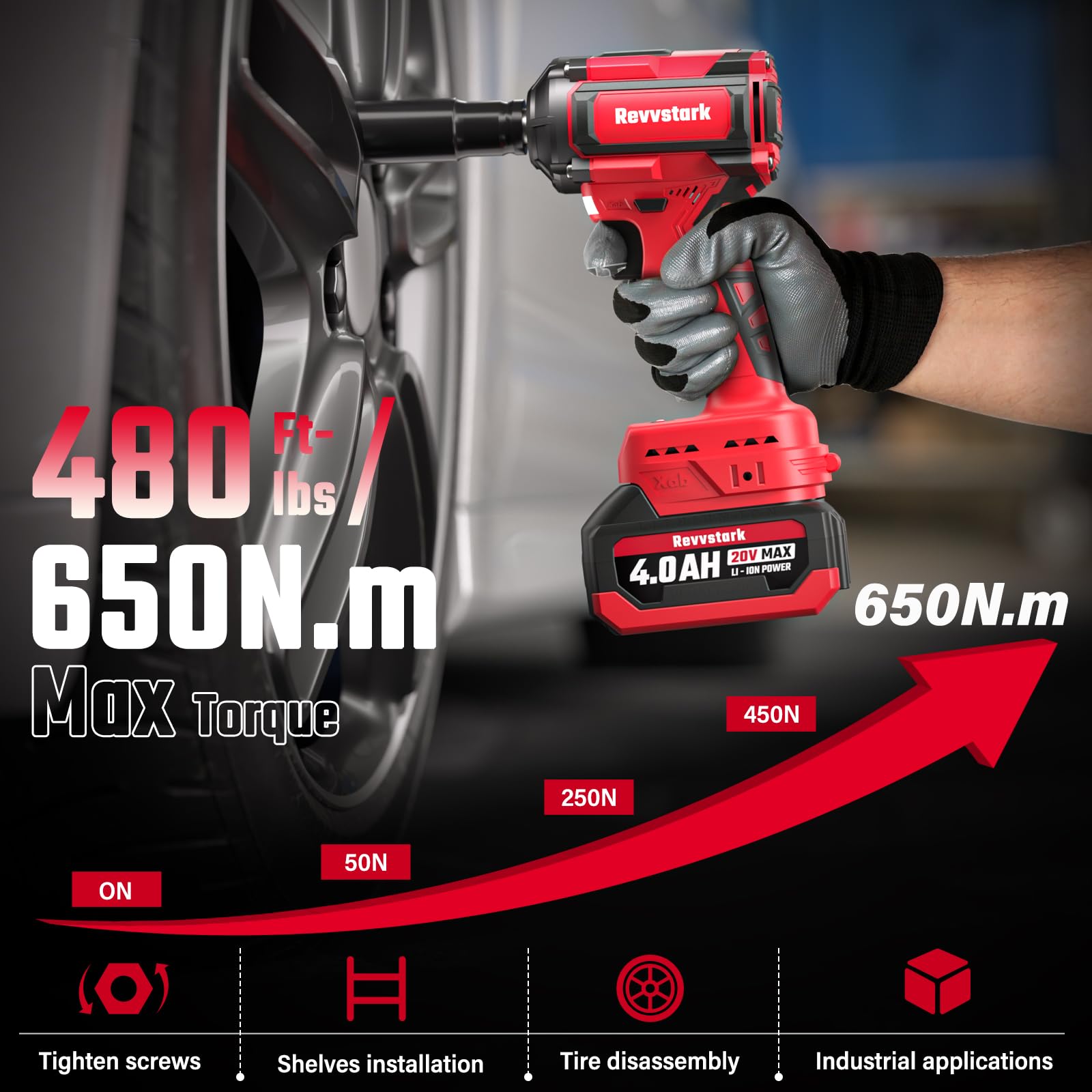 Revvstark Impact Wrench, Max Torque 480 Ft-lbs / 650N.m Cordless 1/2 Impact Driver, 20V 3000RPM Power Impact Gun with 4.0Ah Li-ion Battery and 1.5H Fast Charger, 5 Pcs Impact Sockets Included