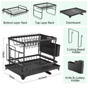 Dish Drying Rack, Multifunctional Dish Rack, Rustproof Kitchen Dish Drying Rack with Drainboard, Space-Saving 2-Tier Dish Drying Rack with Utensil Holder & Cup Holder for Kitchen Counter,Black