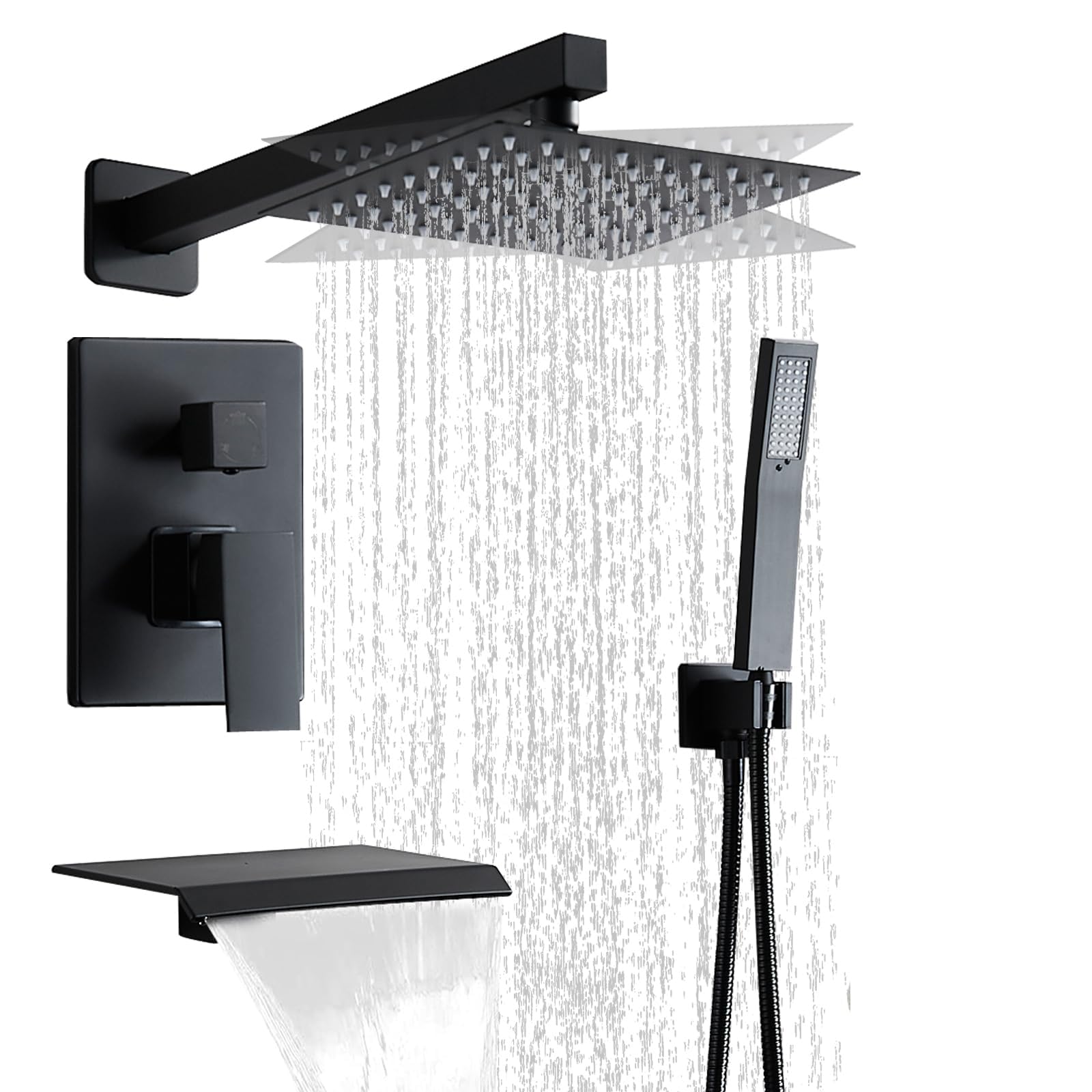 RTTWYYUU Matte Black Shower Faucet Set with Tub Spout 10 Inch, Shower Head and Handle with 2 Hooks, Tub and Shower Faucet Combo, Rain Shower and Handheld Shower System Square Wall Mount for Bathroom