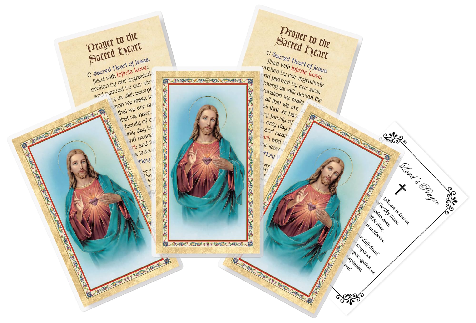 Sacred Heart Cards - with The Lord's Prayer Card - 5 Laminated Sacred Heart Prayer Card for Daily Praying - Catholic Gold Stamped Holy Cards Set, 6 Items