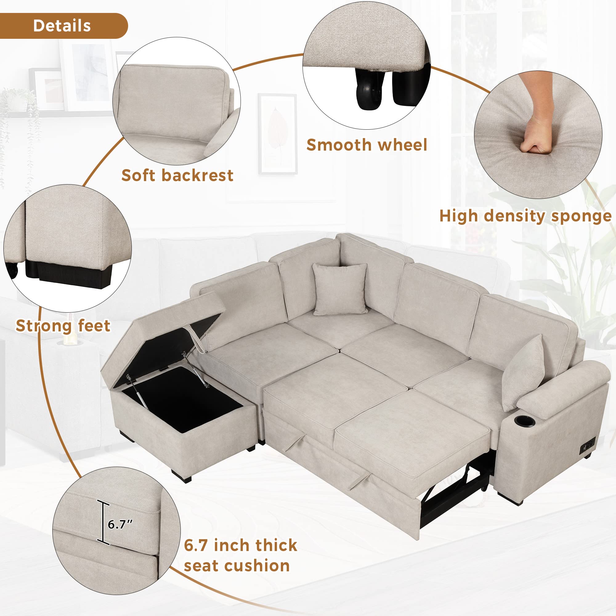 BSYEIO 87.4'' Sleeper Sectional Sofa for Living Room L- Shaped Sofa Couch with Storage Ottoman, Upholstered Corner Sofa, Pull Out Sofa Bed & USB Charger for Home Office Apartment -Beige