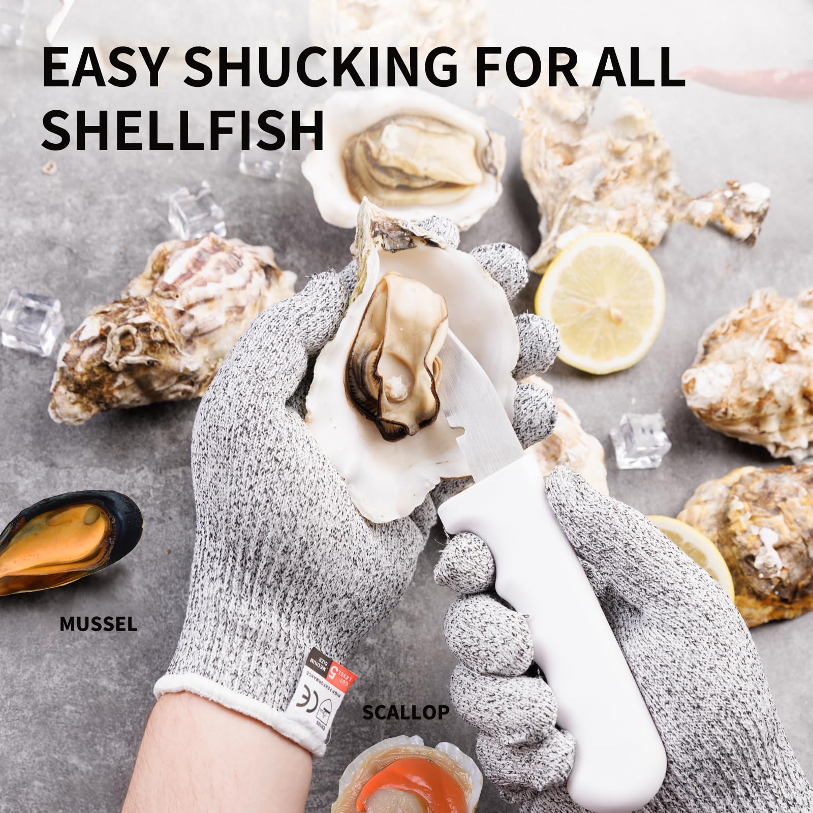 ADORAMBLING 2PCS Oyster Shucking Knife + 4PCS A5 Cut-Resistant Gloves(2M+2L),8" Oyster Knife With Extended Ergonomic Handle,Stainless Steel Oyster Shucker Tool Oyster Opener Tool Oyster Shucking Kit