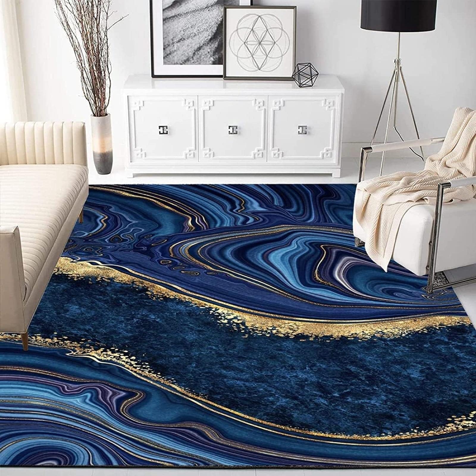 Nordic Navy Blue Gold Marble Area Rug, Luxury Abstract Stain Print Carpet, Indoor Non-Slip Kids Rugs, Machine Washable Breathable Durable Carpet for Front Entrance Floor Decor,4 x 6ft