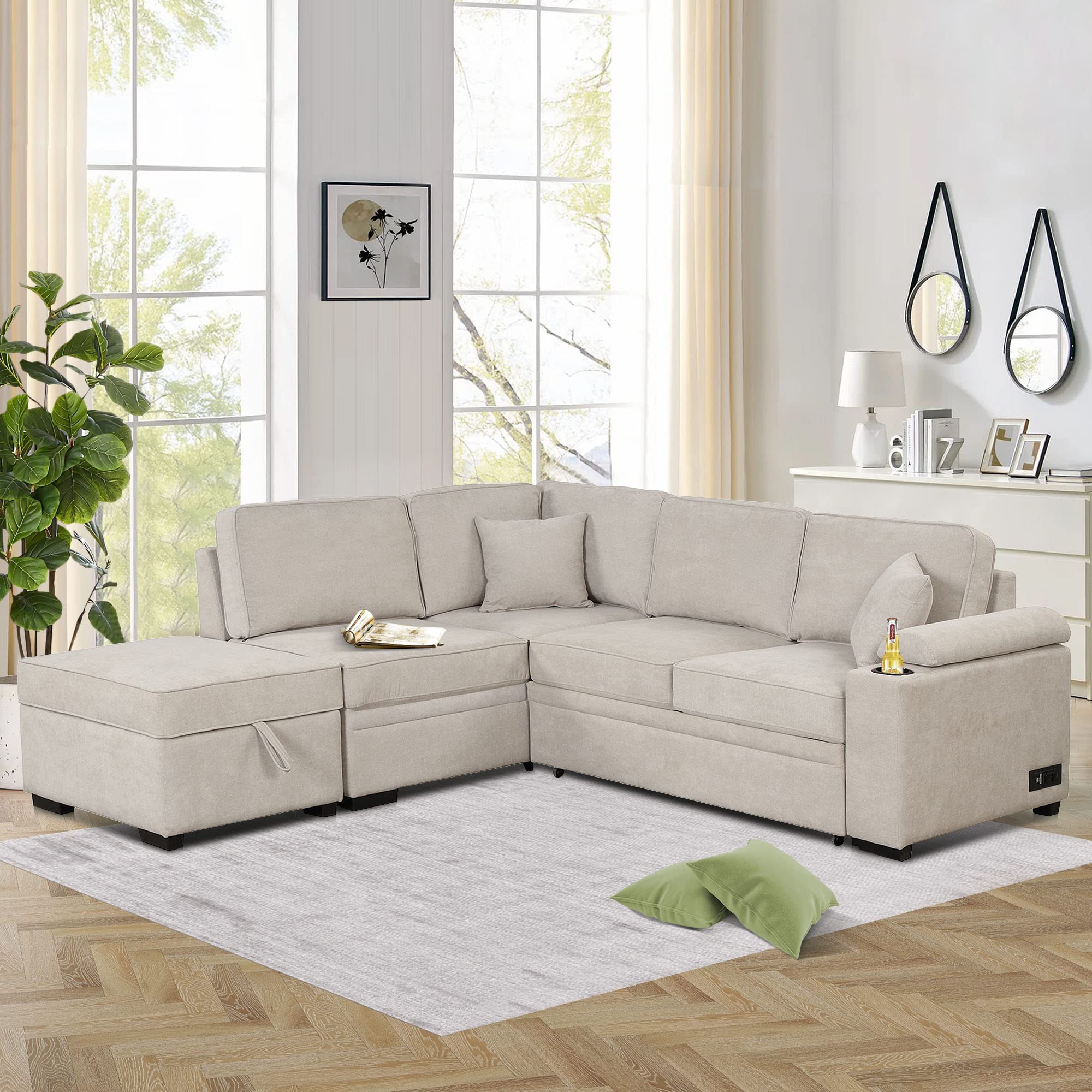 BSYEIO 87.4'' Sleeper Sectional Sofa for Living Room L- Shaped Sofa Couch with Storage Ottoman, Upholstered Corner Sofa, Pull Out Sofa Bed & USB Charger for Home Office Apartment -Beige