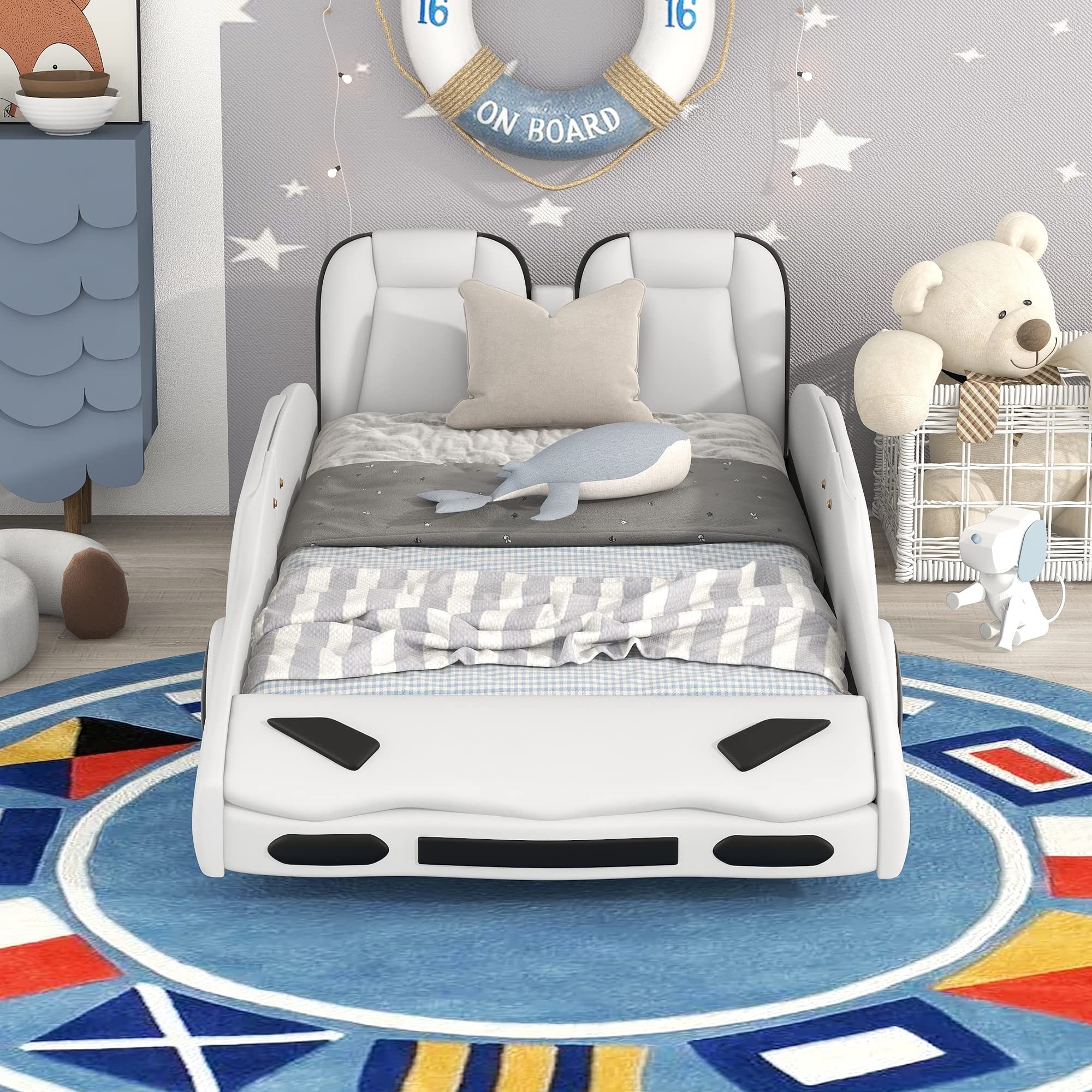 White Twin Size Race Car-Shaped Platform Bed with Wheels - Upholstered Car Bed with Two Seats for Kids Boys - Wood Slat Support