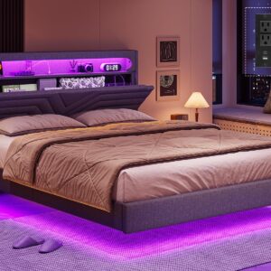 BTHFST Queen Floating Bed Frame with RGB LED Lights Headboard, USB-C/A Power Combo, Linen Upholstered Platform Bed with Storage Headboard, Innovative Stable Structure, Dark Gray