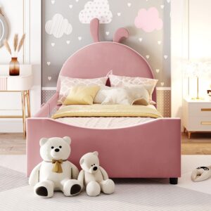 Twin Size Upholstered Daybed Bed Frame for Boys Girls Kids Toddler with Rabbit Ear Shaped Headboard, Pink