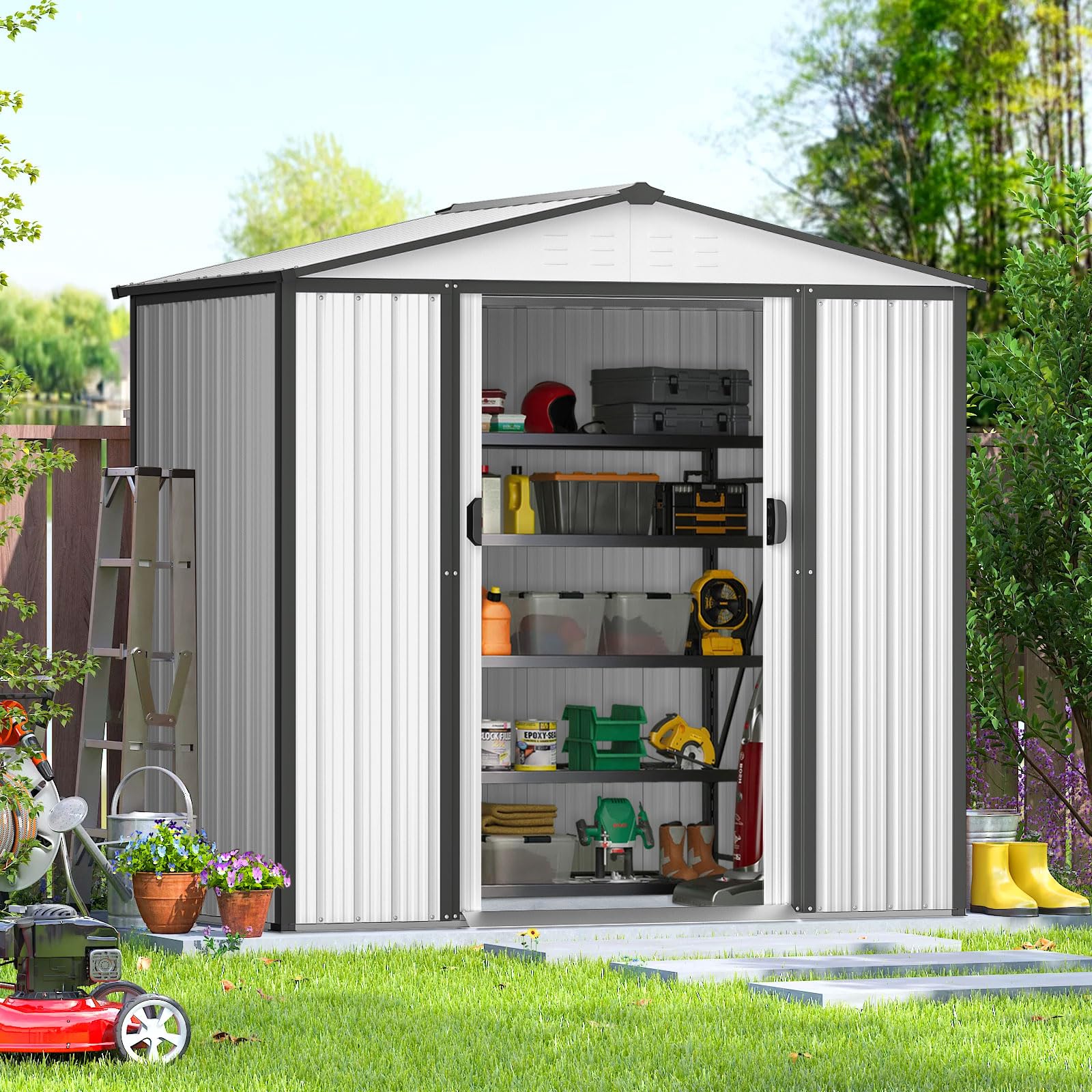 Patiomore 4x6 FT Outdoor Storage Shed Double Sloping Roof Garden Shed, Metal Shed Kit with Double Doorknobs and Air Vents Galvanized Metal Storage Shed with Sliding Door, White