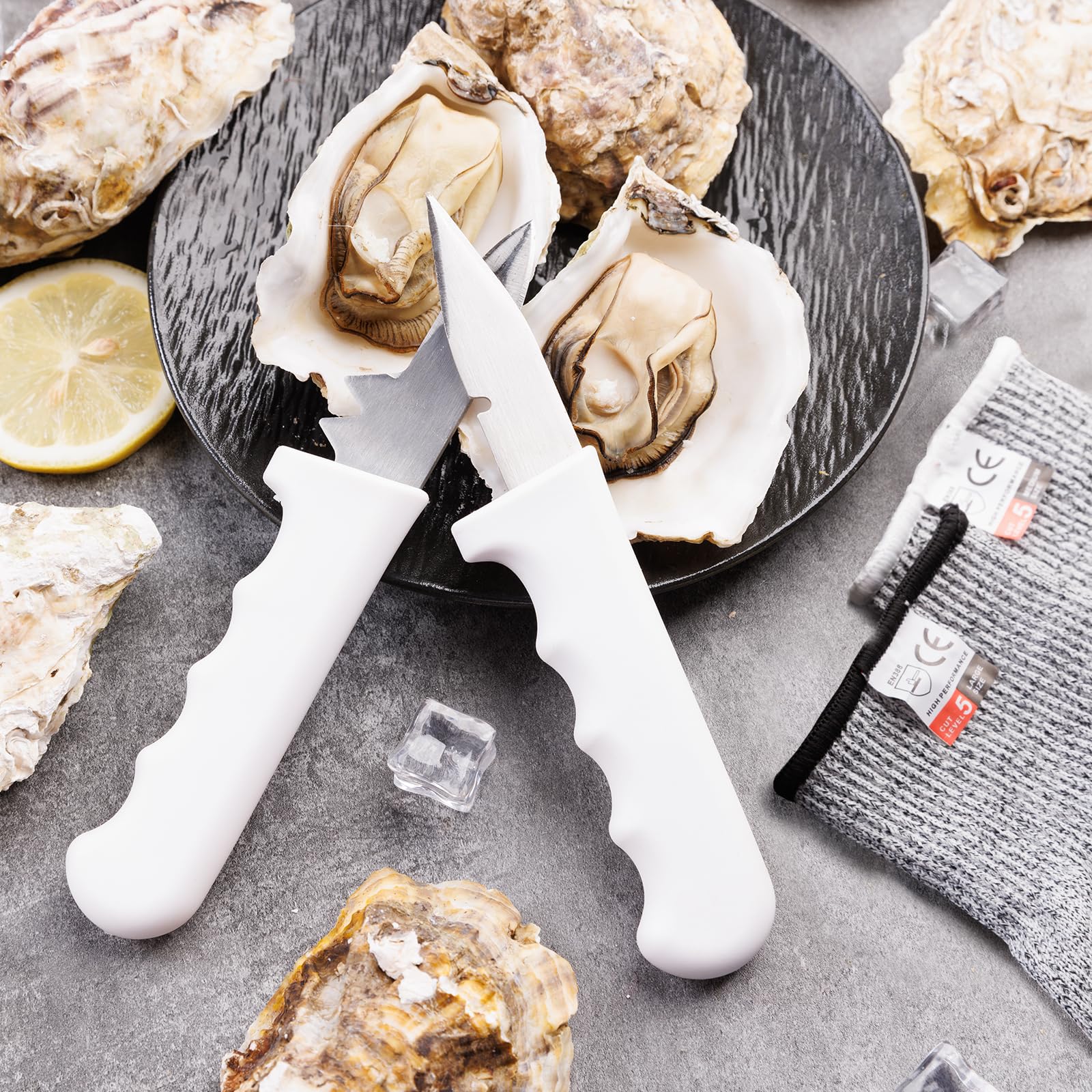 ADORAMBLING 2PCS Oyster Shucking Knife + 4PCS A5 Cut-Resistant Gloves(2M+2L),8" Oyster Knife With Extended Ergonomic Handle,Stainless Steel Oyster Shucker Tool Oyster Opener Tool Oyster Shucking Kit