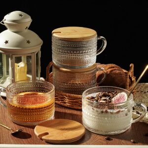 Today's Present 4pcs Vintage Glass Coffee Mugs Gifts for Women, Overnight Oats Containers With Bamboo Lids and Spoons, 14oz Clear Embossed Drinking Glass Cups, Tea Cups, Iced Coffee Glasses