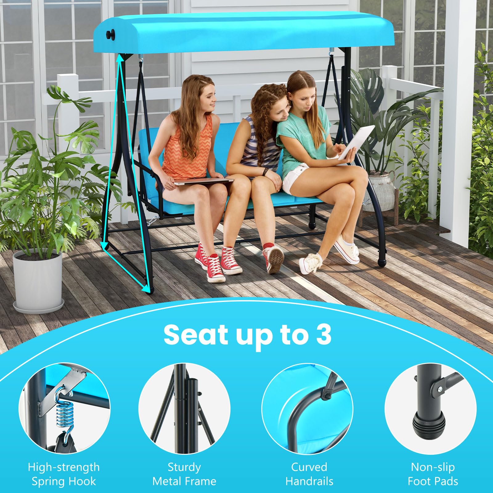 HAPPYGRILL 3 Seat Outdoor Porch Swing, 2-in-1 Swing Glider with Adjustable Canopy, Removable Cushions, Foot Pad, Curved handrails, Outdoor Swing for Patio Yard Garden Balcony Backyard, Turquoise