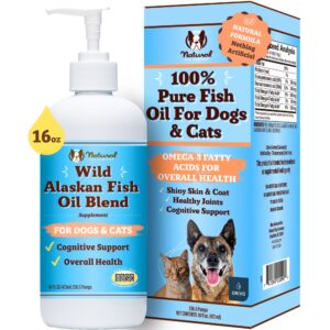 natural dog company wild alaskan fish oil for dogs and cats (16oz) - blend of pollock oil & wild salmon oil for dogs - epa, dha & omega 3 for dogs - reduces shedding, nourishes skin, coat & joints