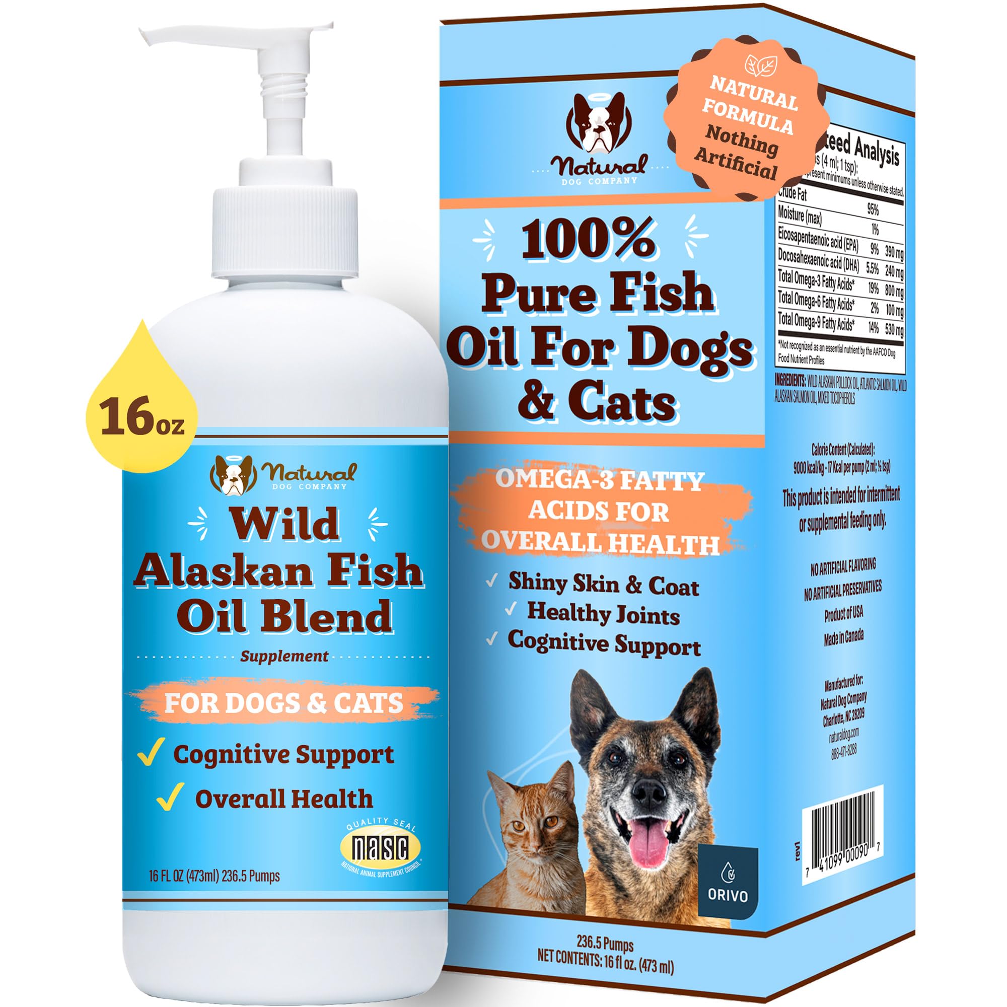 Natural Dog Company Wild Alaskan Fish Oil for Dogs and Cats (16oz) - Blend of Pollock Oil & Wild Salmon Oil for Dogs - EPA, DHA & Omega 3 for Dogs - Reduces Shedding, Nourishes Skin, Coat & Joints