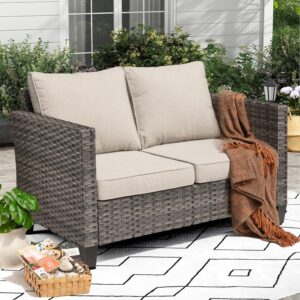 xizzi patio loveseat grey wicker outdoor love seat 2 seater sofa for balcony,deck,yard and garden,beige