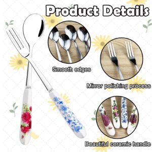 xlehoely 14 Pcs Dessert Forks and Spoons Silverware Set,Stainless Steel Cutlery Forks,Mini Coffee Spoons Pastry Forks with Porcelain Handles,Cake Forks Tea Spoons for Dessert Appetizers,Salad,Fruit