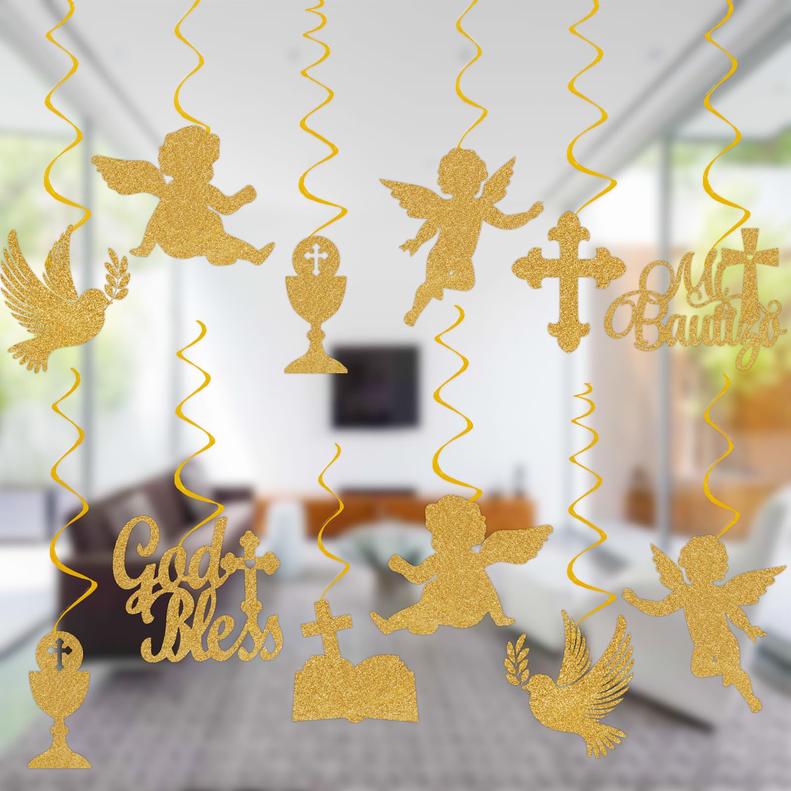 Mi Bautizo Party Decoration Baptism Decorations 24pcs Hanging Swirls Decoration God Bless Angel Gold Party Ceiling Decor Banner Supplies Baby Shower Birthday Party Decor, Assembled and Ready to Use