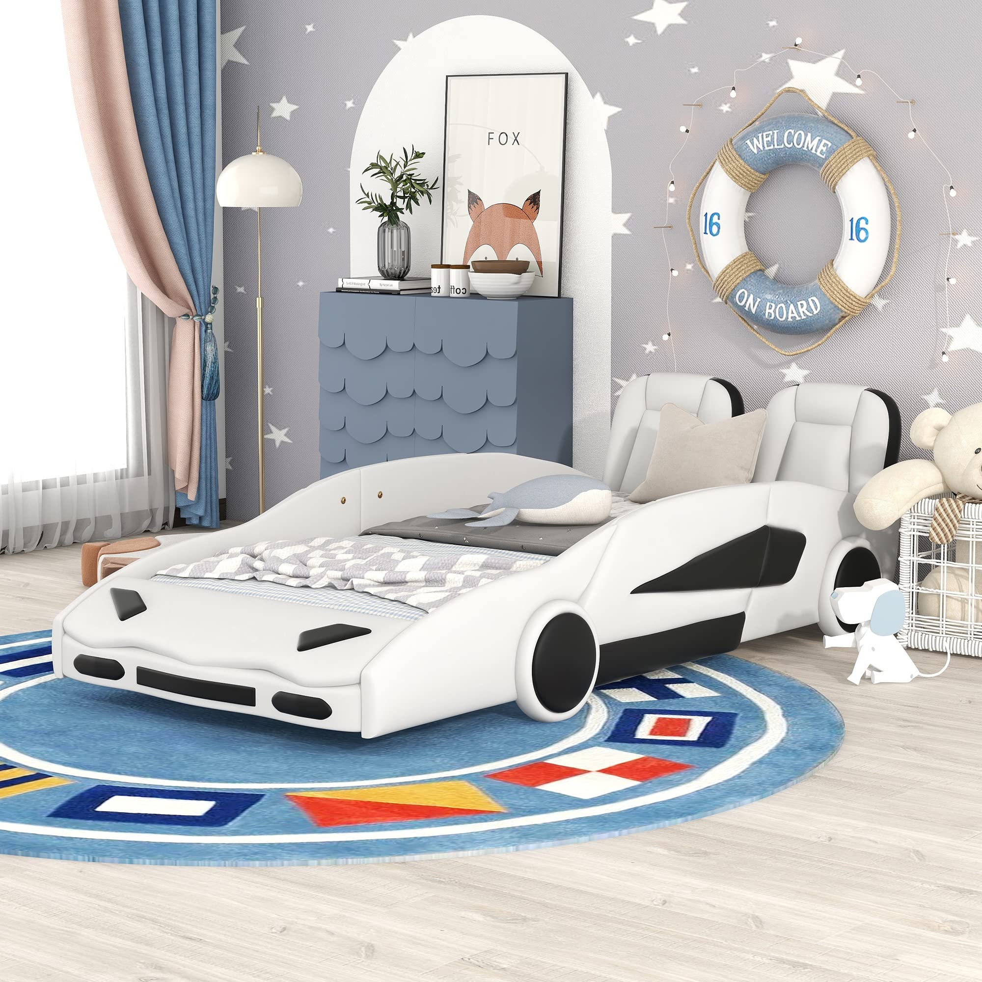 White Twin Size Race Car-Shaped Platform Bed with Wheels - Upholstered Car Bed with Two Seats for Kids Boys - Wood Slat Support