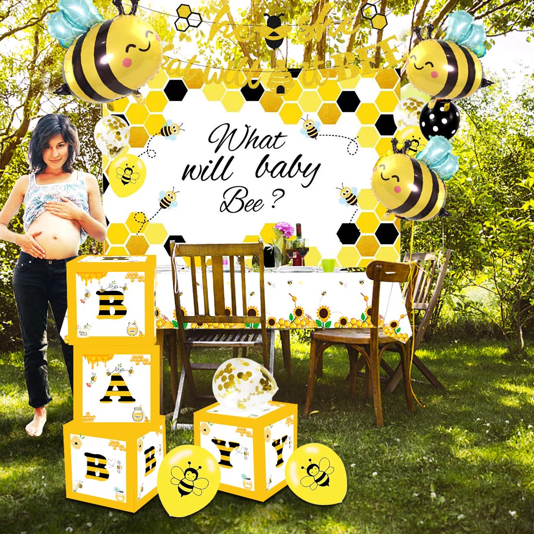 GREPARPY What Will It Bee Gender Reveal Party Decorations, Bumble Bee Baby Shower Supplies Include Banner, Tablecloth, Backdrop, Balloons, Boxes, Topper, Honey Bumble Bee Theme Party Decorations