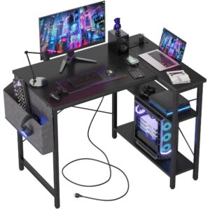 tiqlab small computer desk with power outlets, 40 inch l shaped desk with reversible shelves, gaming desk corner desk study writing table for home office bedroom living room, black