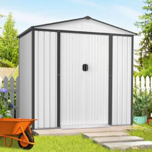 patiomore 4x6 ft outdoor storage shed double sloping roof garden shed, metal shed kit with double doorknobs and air vents galvanized metal storage shed with sliding door, white