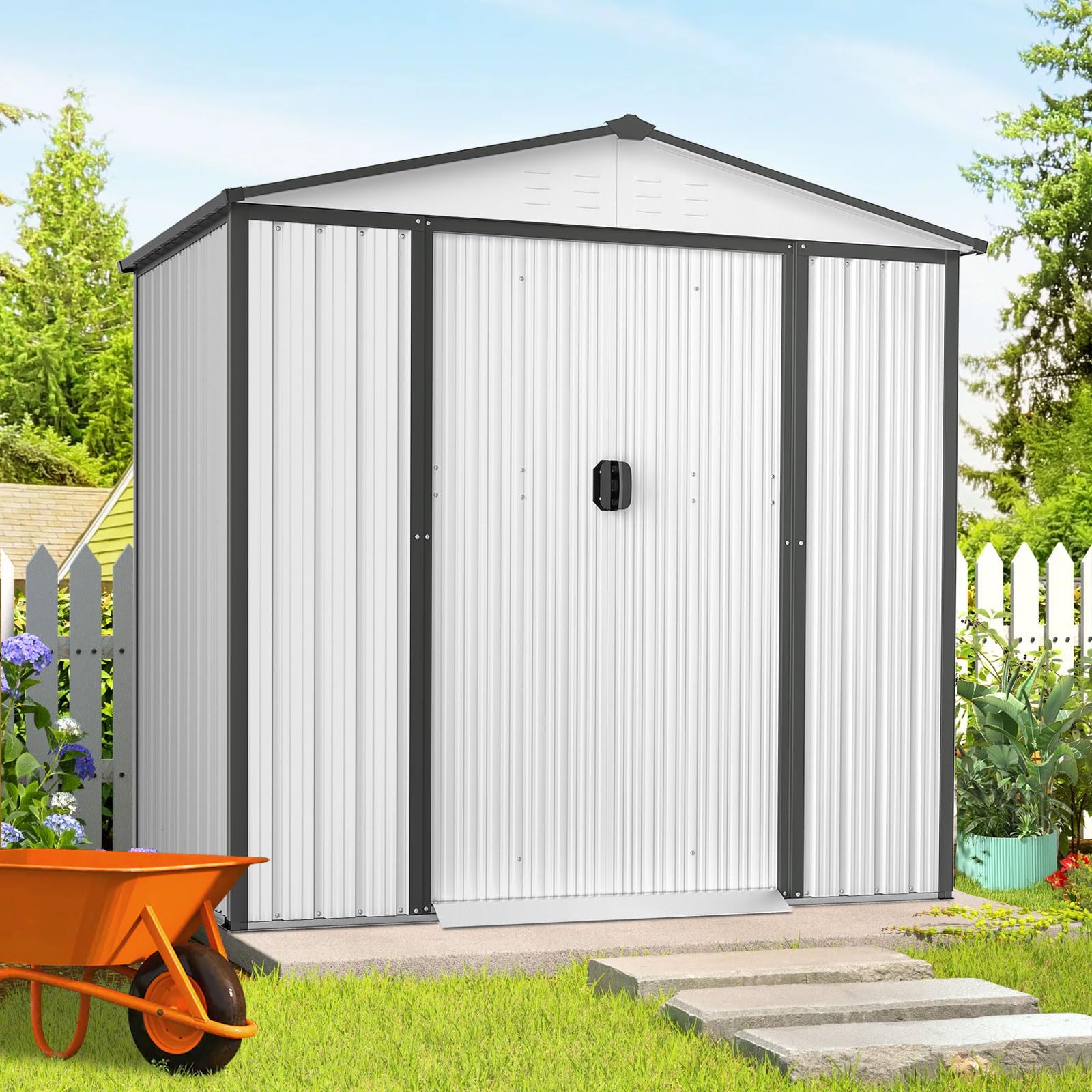 Patiomore 4x6 FT Outdoor Storage Shed Double Sloping Roof Garden Shed, Metal Shed Kit with Double Doorknobs and Air Vents Galvanized Metal Storage Shed with Sliding Door, White