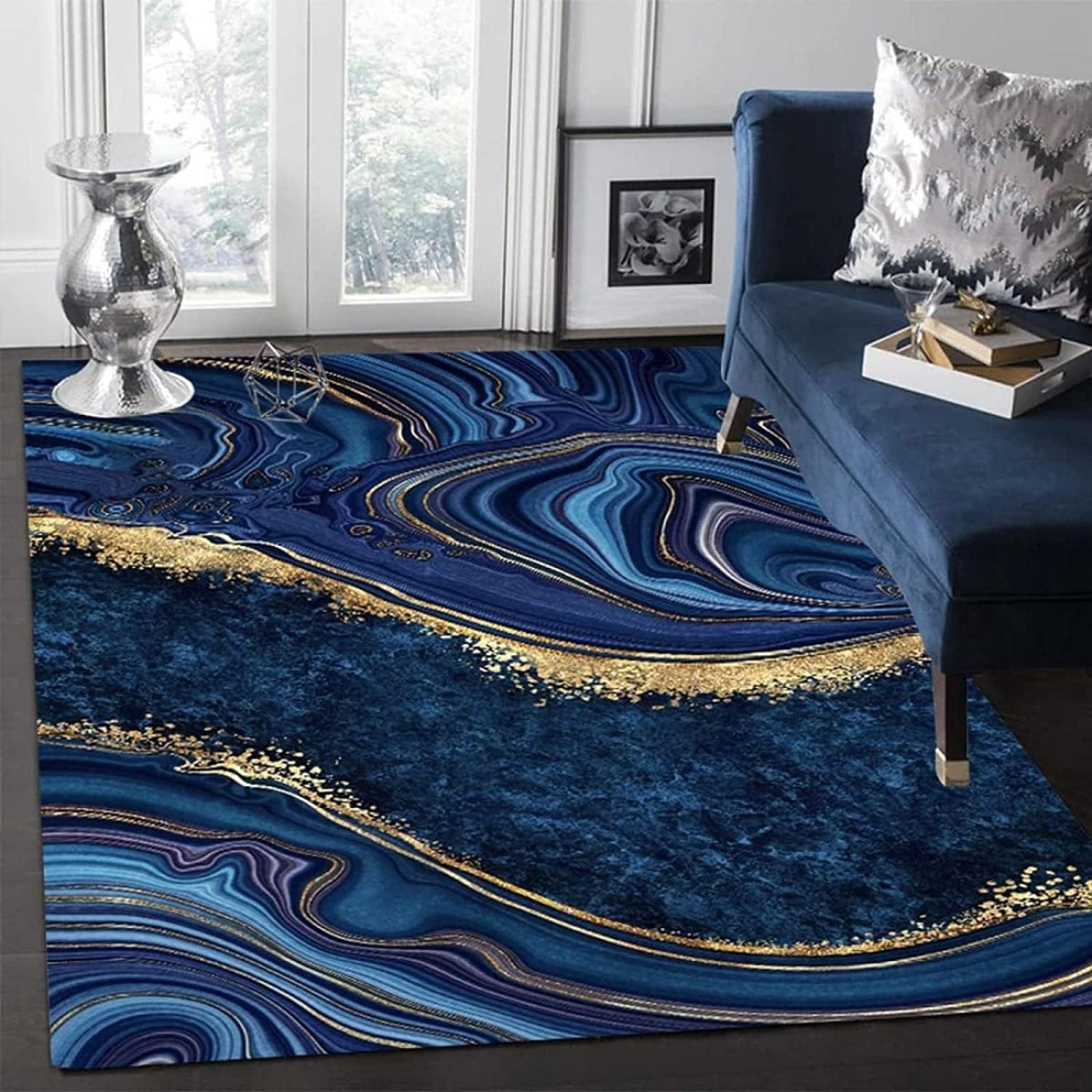 Nordic Navy Blue Gold Marble Area Rug, Luxury Abstract Stain Print Carpet, Indoor Non-Slip Kids Rugs, Machine Washable Breathable Durable Carpet for Front Entrance Floor Decor,4 x 6ft