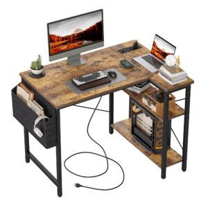 tiqlab small computer desk with power outlets, 40 inch l shaped desk with reversible shelves, gaming desk corner desk study writing desk for home office bedroom small space, rustic brown