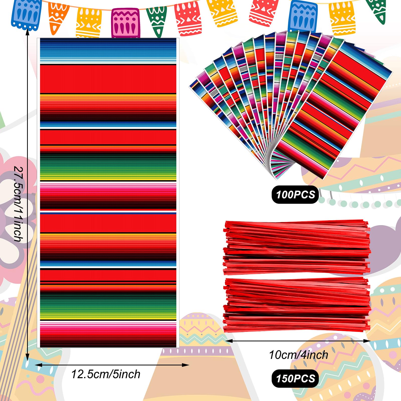 Wesnoy 100 Pcs Mexican Fiesta Cellophane Treat Bags Mexican Candy Bags Party Favor Bag Cinco De Mayo Goody Bag Fiesta Party Favor Goodie Gift Bag for Mexican Party Birthday, with 150 Red Twist Ties