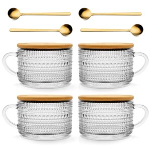 today's present 4pcs vintage glass coffee mugs gifts for women, overnight oats containers with bamboo lids and spoons, 14oz clear embossed drinking glass cups, tea cups, iced coffee glasses