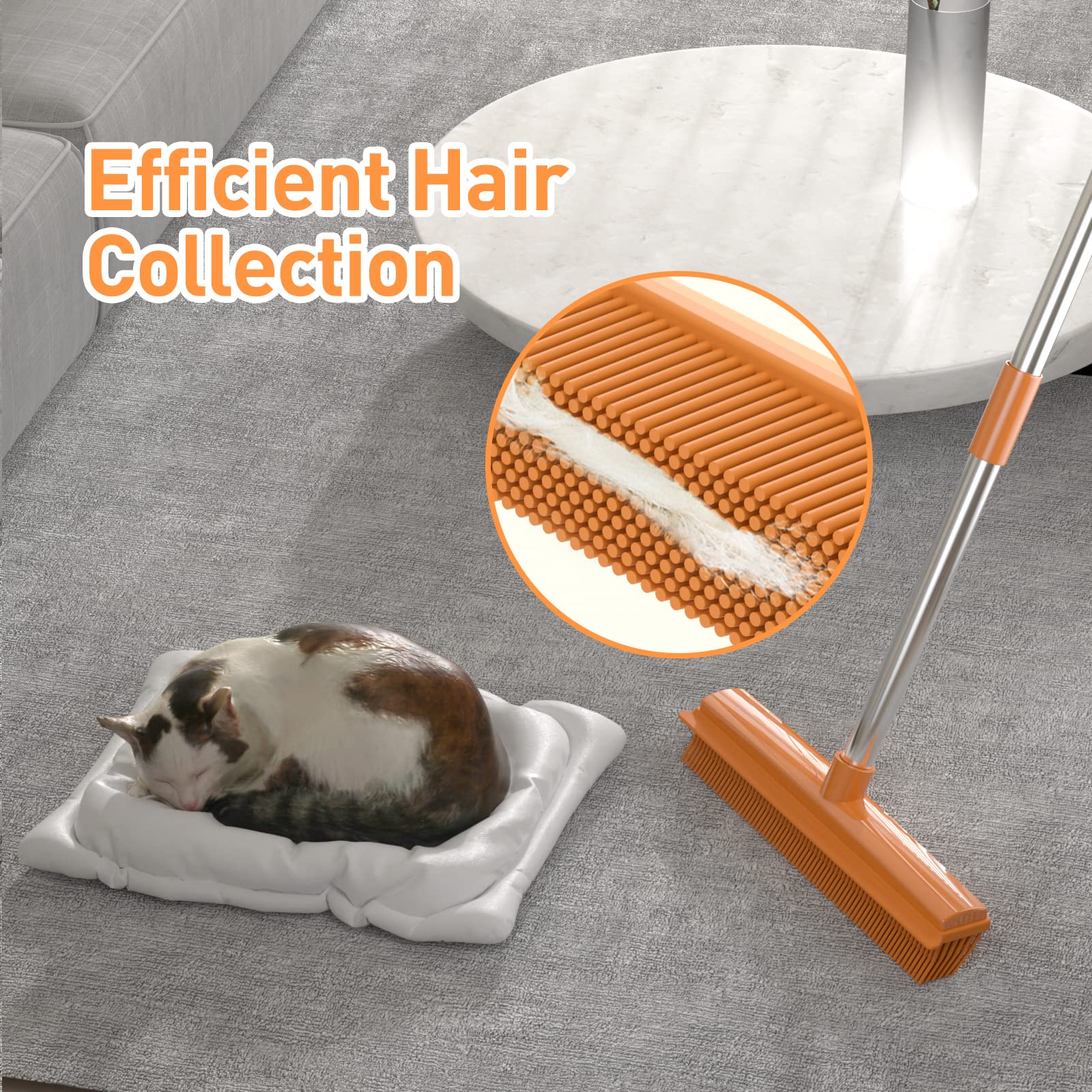 Rubber Broom for Pet Hair Removal with 57" Long Handle,Carpet Rake for Fluff Carpet with Squeegee,Dog Cat Fur Remover Rug Brush Broom,Hardwood Floor,Tile,Window,Portable Detailing Lint Remover Brush