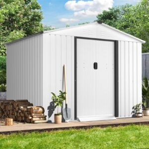 patiomore 6x8 ft outdoor storage shed double sloping roof garden shed, metal shed kit with double doorknobs and air vents galvanized metal storage shed with sliding door, white