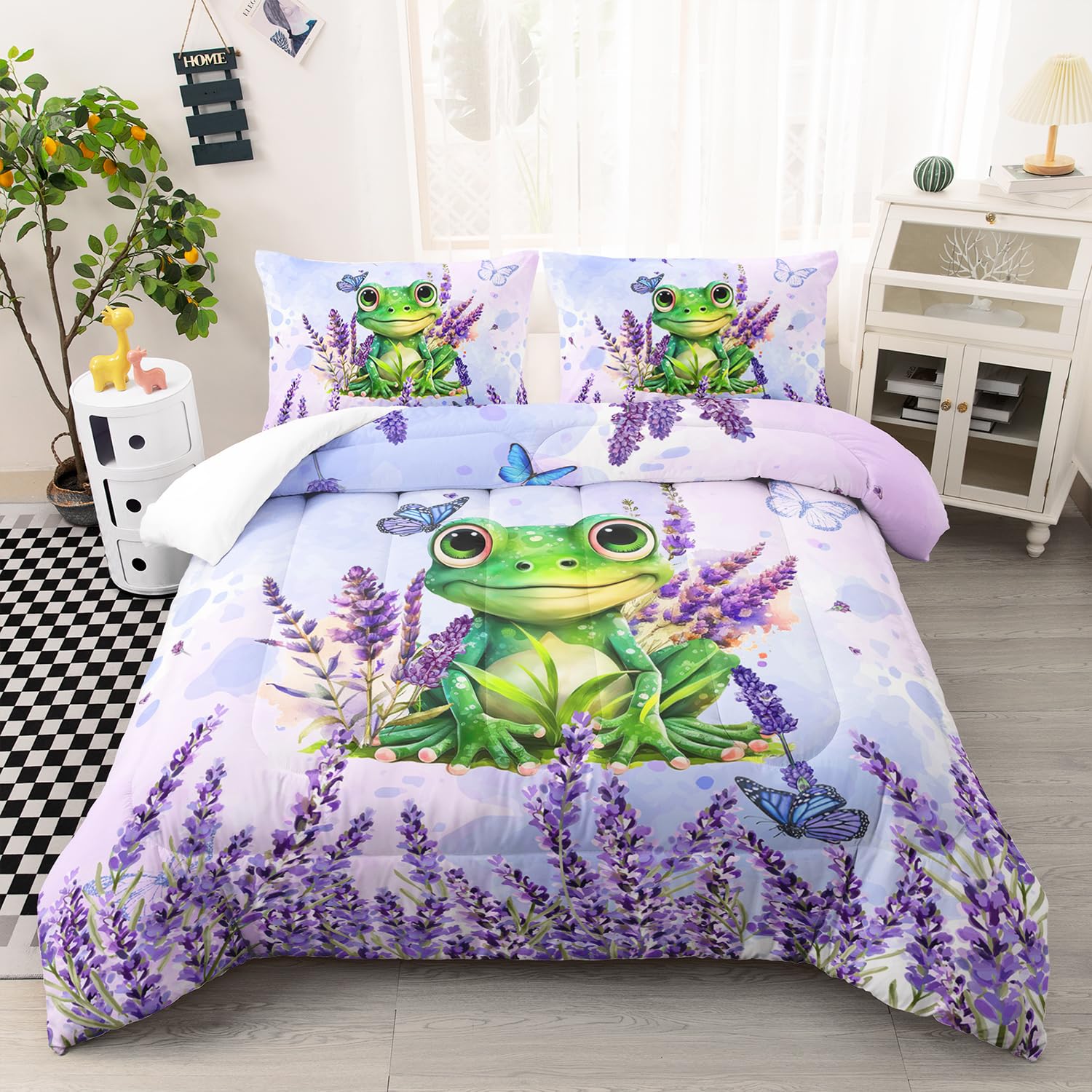 AILONEN Cute Frog Bedding Set Twin Size, Tropical Amphibian Comforter Set for Kids Boys Girls,3D Animal Theme Bed in a Bag,3 Pieces, 1 Quilt and 2 Pillowcases,Soft Microfibre