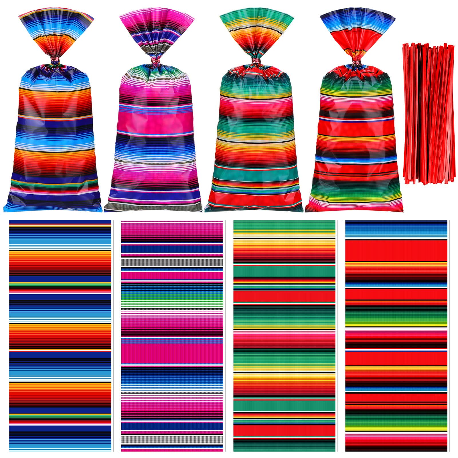 Wesnoy 100 Pcs Mexican Fiesta Cellophane Treat Bags Mexican Candy Bags Party Favor Bag Cinco De Mayo Goody Bag Fiesta Party Favor Goodie Gift Bag for Mexican Party Birthday, with 150 Red Twist Ties