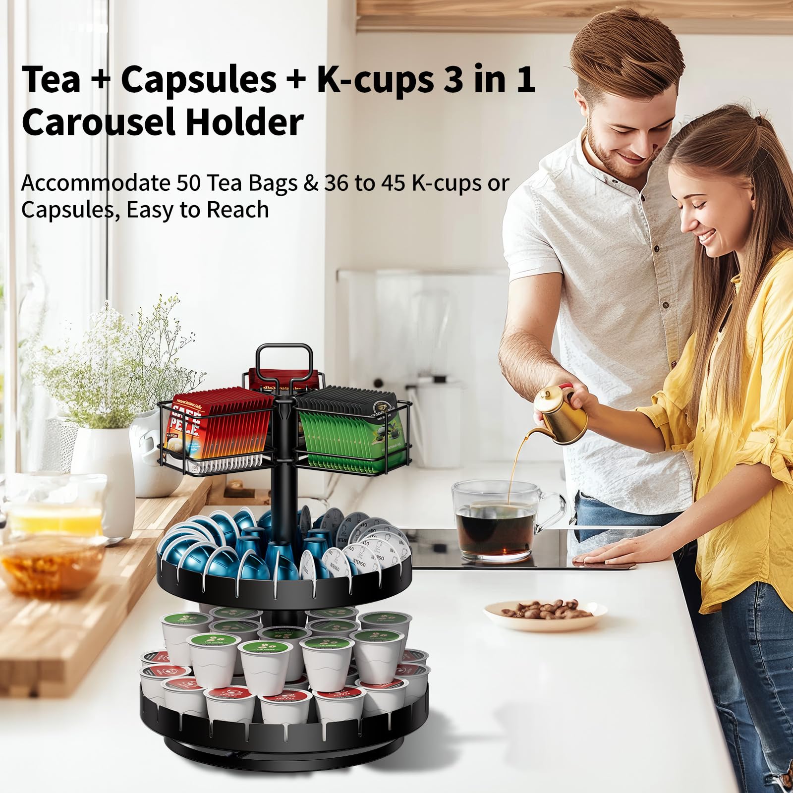 ZDDLOINP Coffee Pod Holder and Tea Bag Organizer, K Cup Holder Carousel Stand for 54 Pods and 50 Tea Bags, Keurig Pod Holder Coffee Bar Accessories for Kitchen, Office, Countertop Coffee Station