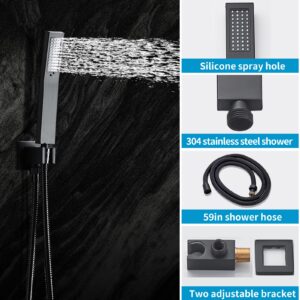 RTTWYYUU Matte Black Shower Faucet Set with Tub Spout 10 Inch, Shower Head and Handle with 2 Hooks, Tub and Shower Faucet Combo, Rain Shower and Handheld Shower System Square Wall Mount for Bathroom