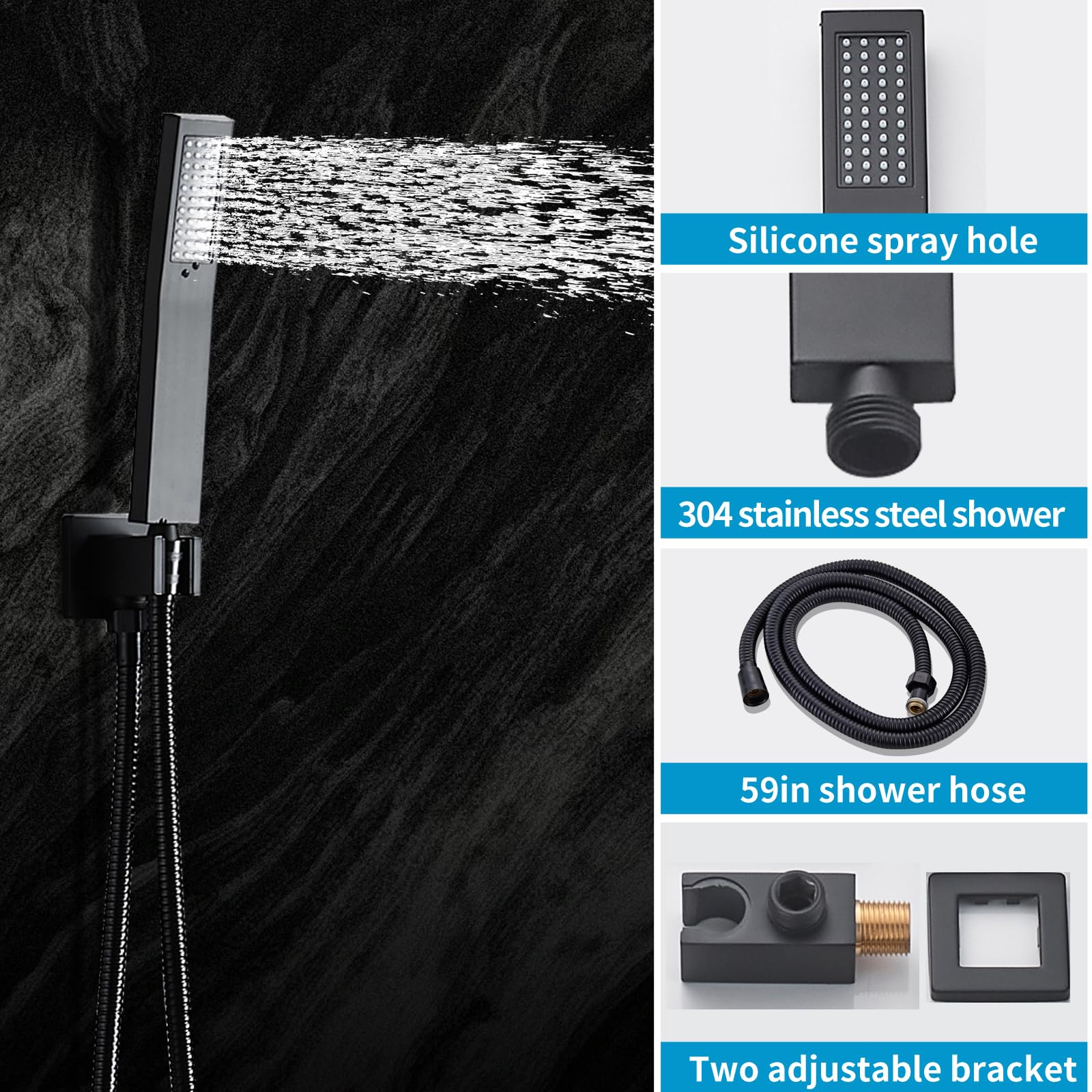 RTTWYYUU Matte Black Shower Faucet Set with Tub Spout 10 Inch, Shower Head and Handle with 2 Hooks, Tub and Shower Faucet Combo, Rain Shower and Handheld Shower System Square Wall Mount for Bathroom