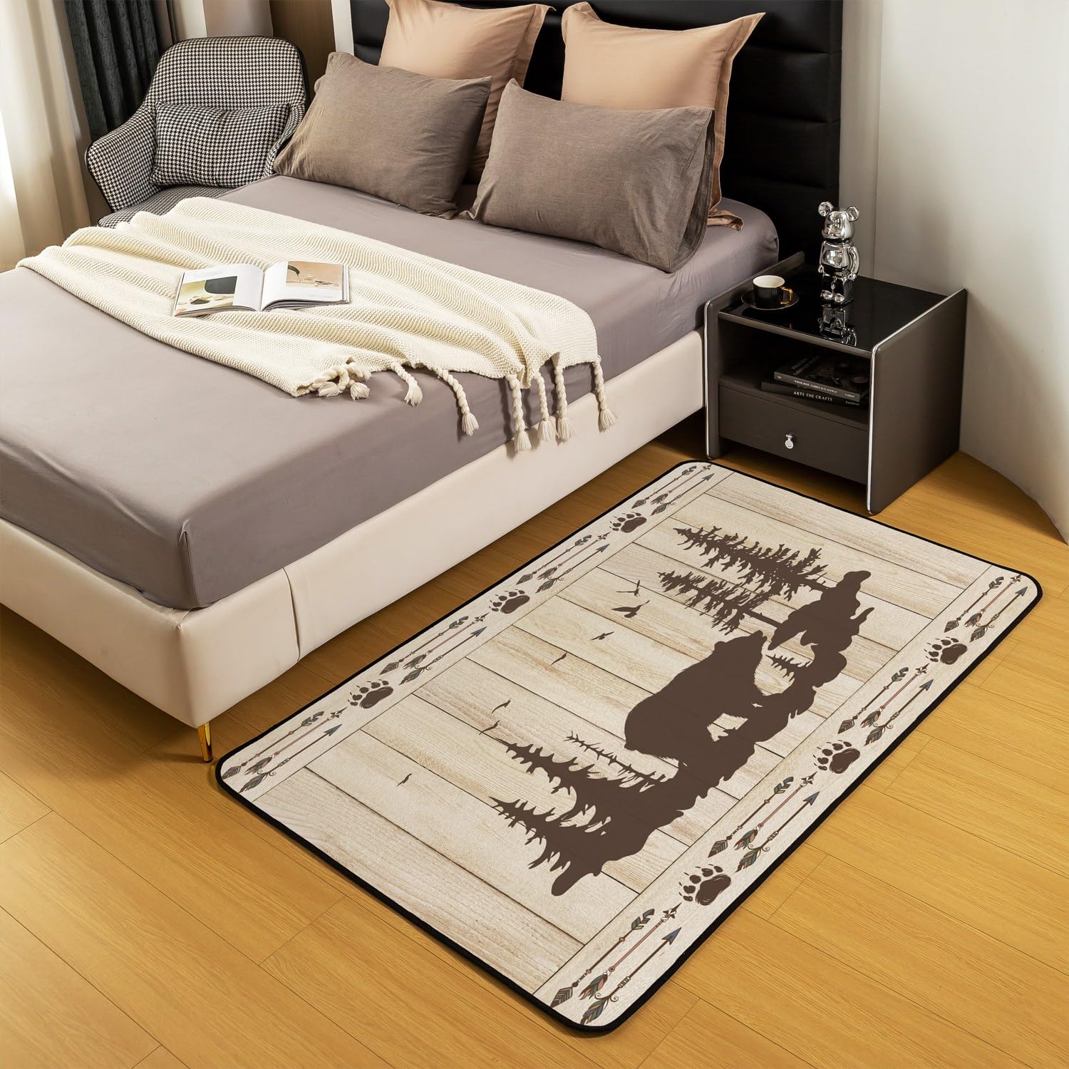 Erosebridal Bear Area Rug Wild Animal Hunting Rug for Bedroom,Ethnic Tribal Arrow Paw Print Area Rugs 3x5 Lodge Cabin Wood Pine Trees Big Cat Rustic Living Room Rug Non Slip