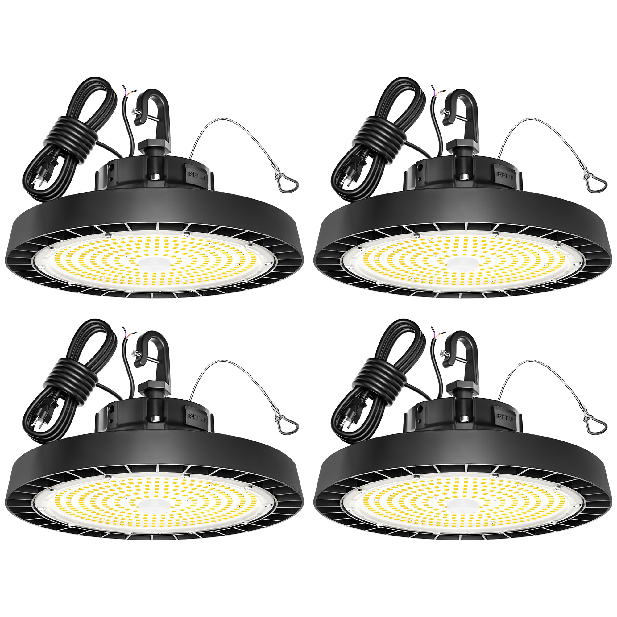 UFO LED High Bay Light 150W 21000LM 0-10V Dimmable Can Replace 600W HID/HPS, 5' Cable with Plug, IP65 Waterproof and Dustproof, Certified Driver Shop Lights for Warehouse Garage Gym Workshop(4pack)