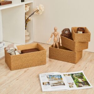 PROLAND Recycled Wicker Storage Basket, Paper Rope Storage Baskets for Organizing Container Bins for Shelves Cupboards Drawer, Small Woven Basket Set of 4