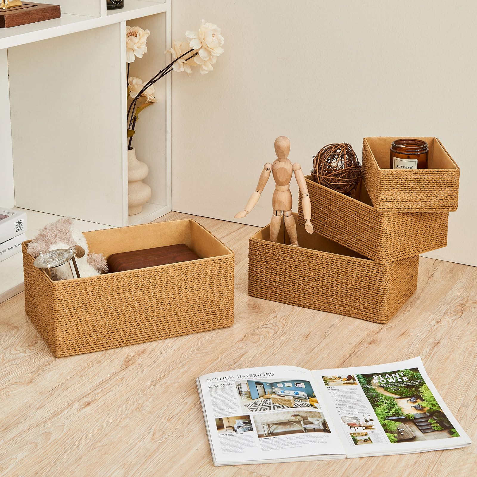 PROLAND Recycled Wicker Storage Basket, Paper Rope Storage Baskets for Organizing Container Bins for Shelves Cupboards Drawer, Small Woven Basket Set of 4